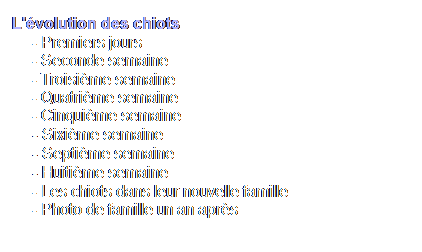 Text Box: L'volution des chiots
     - Premiers jours
     - Seconde semaine
     - Troisime semaine
     - Quatrime semaine
     - Cinquime semaine
     - Sixime semaine
     - Septime semaine
     - Huitime semaine
     - Les chiots dans leur nouvelle famille
     - Photo de famille un an aprs
  
